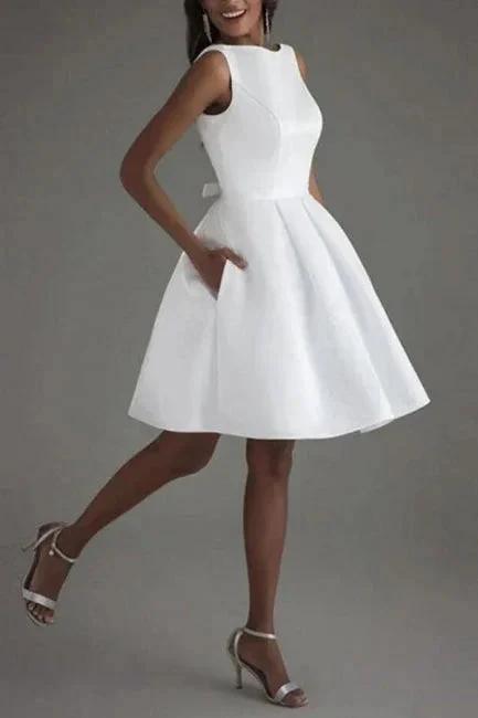 Simple Short White Sleeveless Backless Wedding Dresses by misshow.com