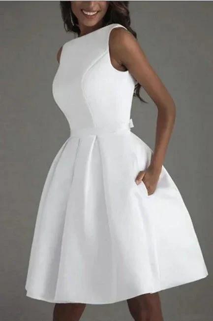 Simple Short White Sleeveless Backless Wedding Dresses by misshow.com