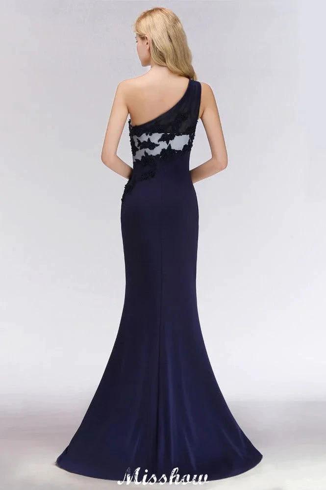 Simple Side Split One-Shoulder Prom Dresses | A-Line Sleeveless Mermaid Floral Appliques Evening Dresses by misshow.com