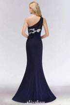 Simple Side Split One-Shoulder Prom Dresses | A-Line Sleeveless Mermaid Floral Appliques Evening Dresses by misshow.com