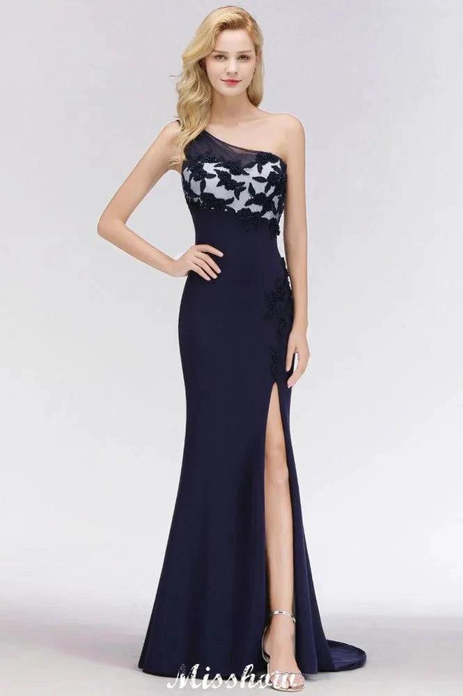 Simple Side Split One-Shoulder Prom Dresses | A-Line Sleeveless Mermaid Floral Appliques Evening Dresses by misshow.com