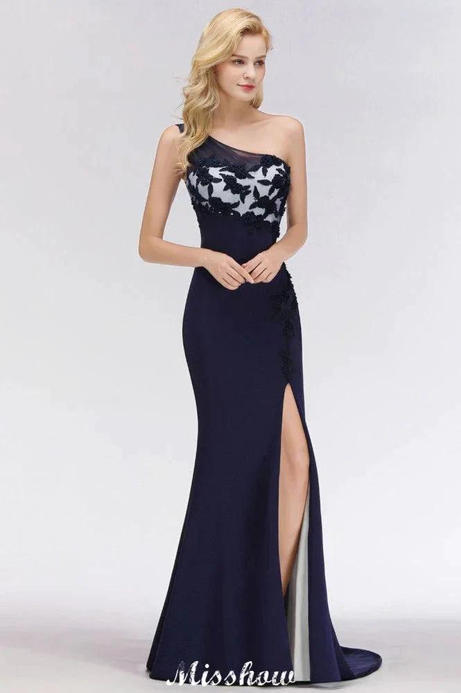 Simple Side Split One-Shoulder Prom Dresses | A-Line Sleeveless Mermaid Floral Appliques Evening Dresses by misshow.com