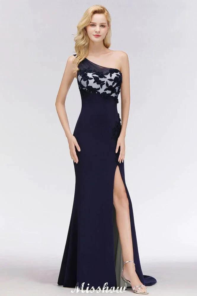 Simple Side Split One-Shoulder Prom Dresses | A-Line Sleeveless Mermaid Floral Appliques Evening Dresses by misshow.com