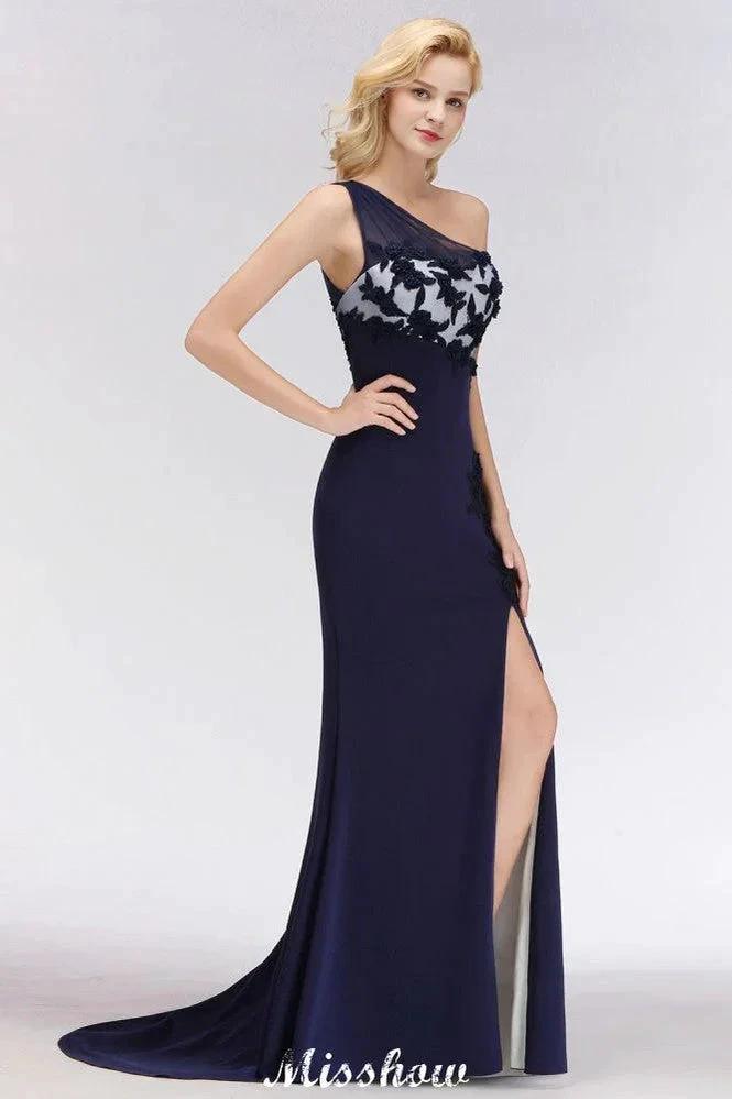 Simple Side Split One-Shoulder Prom Dresses | A-Line Sleeveless Mermaid Floral Appliques Evening Dresses by misshow.com