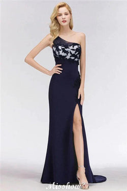 Simple Side Split One-Shoulder Prom Dresses | A-Line Sleeveless Mermaid Floral Appliques Evening Dresses by misshow.com