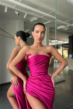 Vestido Simples Sem Mangas Sexy de Cetim com Fenda Frontal Estilo Sereia