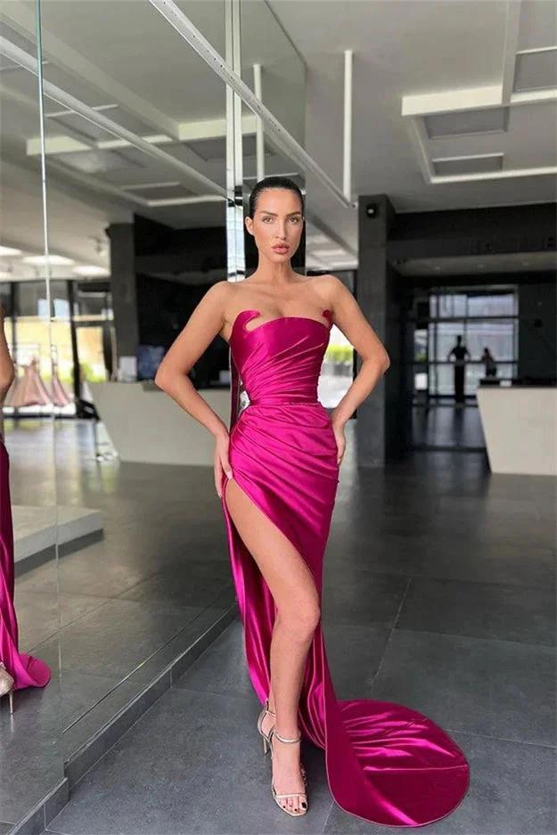 Vestido Simples Sem Mangas Sexy de Cetim com Fenda Frontal Estilo Sereia
