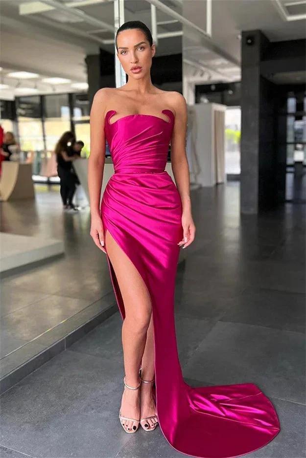 Vestido Simples Sem Mangas Sexy de Cetim com Fenda Frontal Estilo Sereia