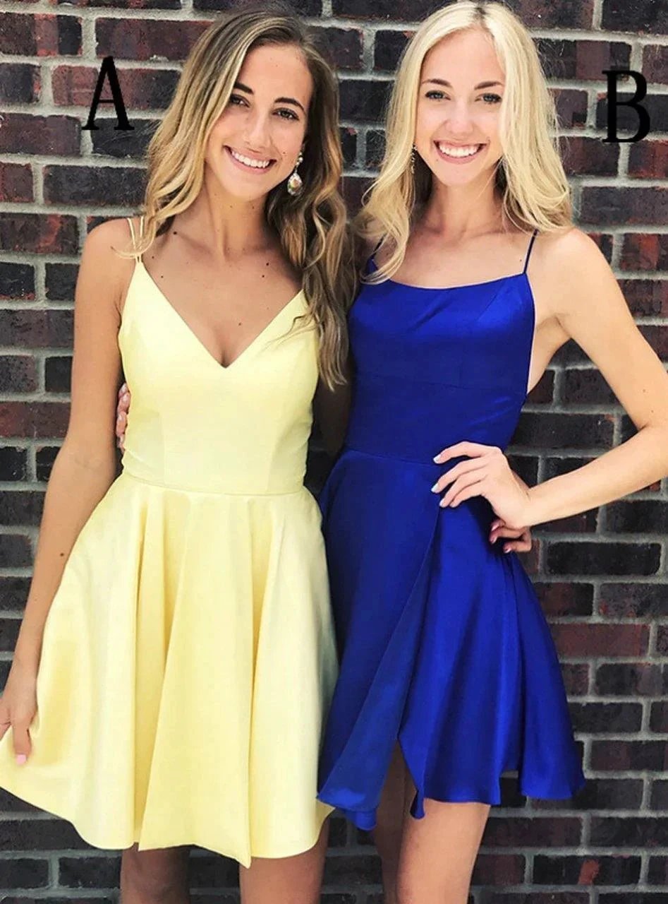 Simple Spaghetti Strap Yellow/Royal Blue Short Homecoming Dress PD275 by pgmdress