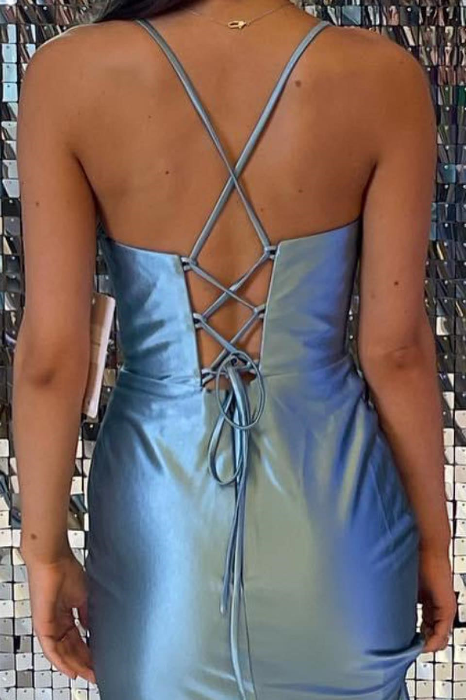 Simple Spaghetti Straps Satin Sleeveless Prom Dress With Slit