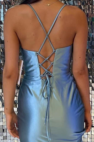 Simple Spaghetti Straps Satin Sleeveless Prom Dress With Slit