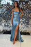 Simple Spaghetti Straps Satin Sleeveless Prom Dress With Slit