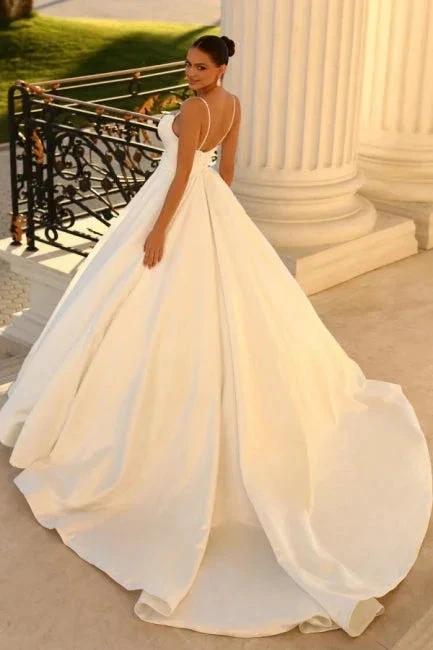 Simple spaghetti straps sleeveless ball gown satin wedding dress by misshow.com