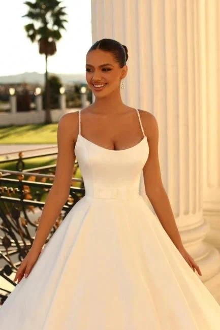 Simple spaghetti straps sleeveless ball gown satin wedding dress by misshow.com