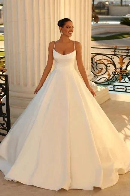 Simple spaghetti straps sleeveless ball gown satin wedding dress by misshow.com