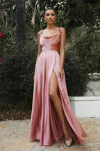 Simple Spaghetti Straps Sleeveless Column Elastic Woven Satin Prom Dresses with Ruffles by misshow.com