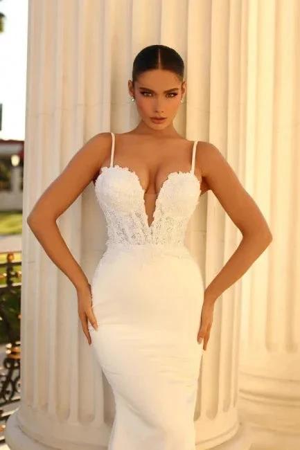 Simple spaghetti straps sleeveless mermaid satin wedding dress with lace by misshow.com
