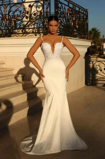 Simple spaghetti straps sleeveless mermaid satin wedding dress with lace by misshow.com