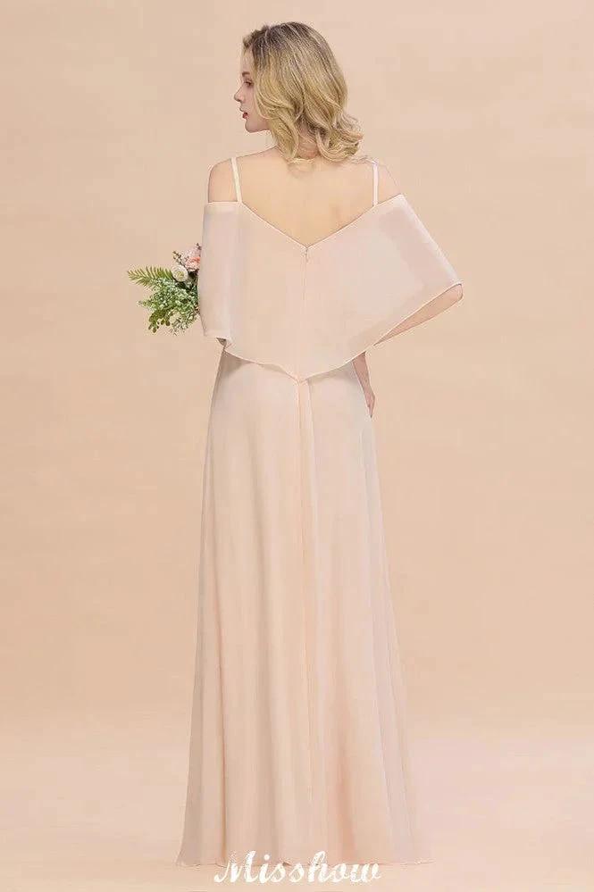 Simple Spaghetti Straps Tiered Bridesmaid Dresses | Side Slit A-Line Sleeveless Evening Maxi Dresses by misshow.com