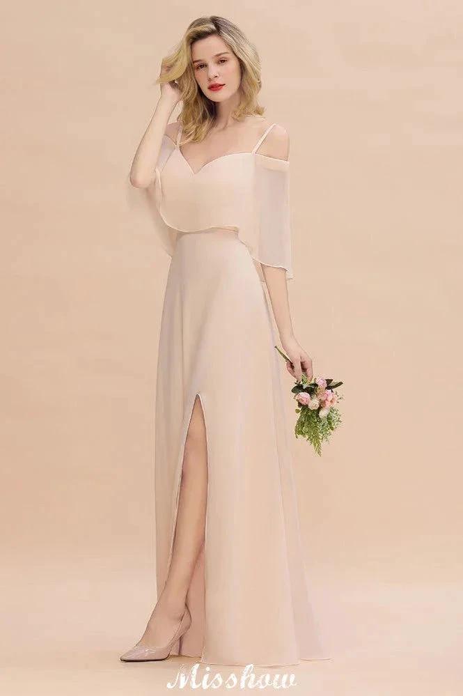 Simple Spaghetti Straps Tiered Bridesmaid Dresses | Side Slit A-Line Sleeveless Evening Maxi Dresses by misshow.com