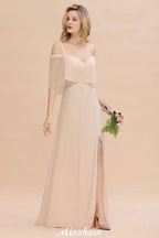 Simple Spaghetti Straps Tiered Bridesmaid Dresses | Side Slit A-Line Sleeveless Evening Maxi Dresses by misshow.com