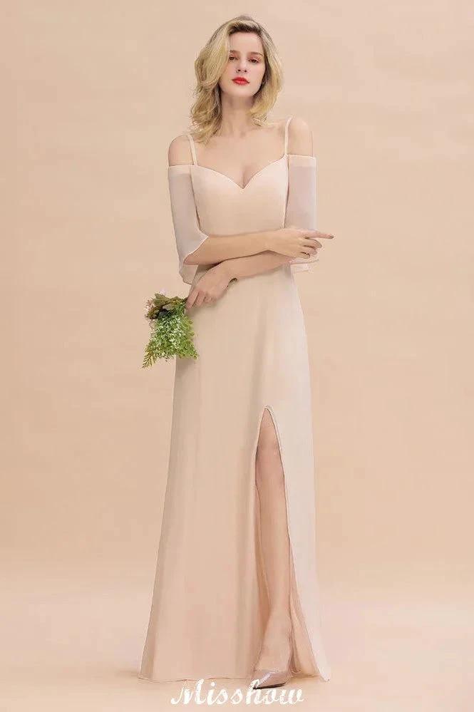Simple Spaghetti Straps Tiered Bridesmaid Dresses | Side Slit A-Line Sleeveless Evening Maxi Dresses by misshow.com