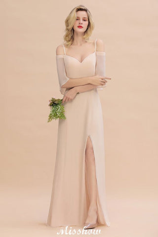 Simple Spaghetti Straps Tiered Bridesmaid Dresses | Side Slit A-Line Sleeveless Evening Maxi Dresses