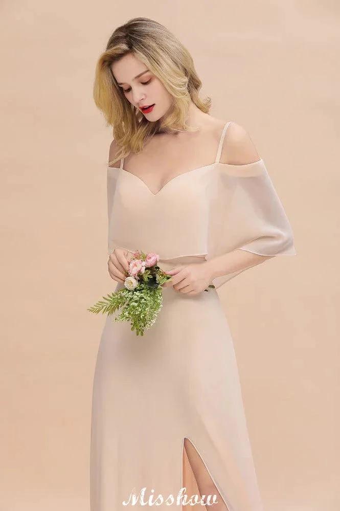 Simple Spaghetti Straps Tiered Bridesmaid Dresses | Side Slit A-Line Sleeveless Evening Maxi Dresses by misshow.com