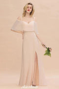 Simple Spaghetti Straps Tiered Bridesmaid Dresses | Side Slit A-Line Sleeveless Evening Maxi Dresses by misshow.com
