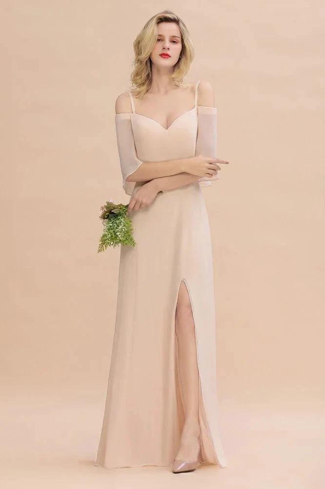 Simple Spaghetti Straps Tiered Prom Dresses | Side Slit A-Line Sleeveless Evening Dresses by misshow.com