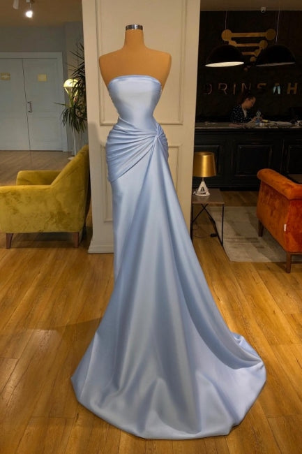 Simple Strapless Mermaid Evening Dresses Long Blue Prom Dresses Hover Image