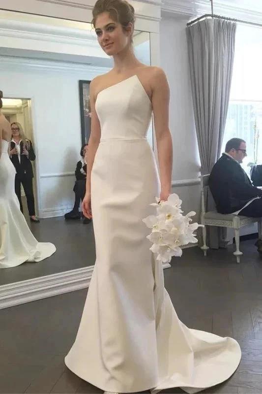 Simple Strapless Pretty Mermaid Long Elegant Ivory Sweep Train Elegant Wedding Dresses by misshow.com