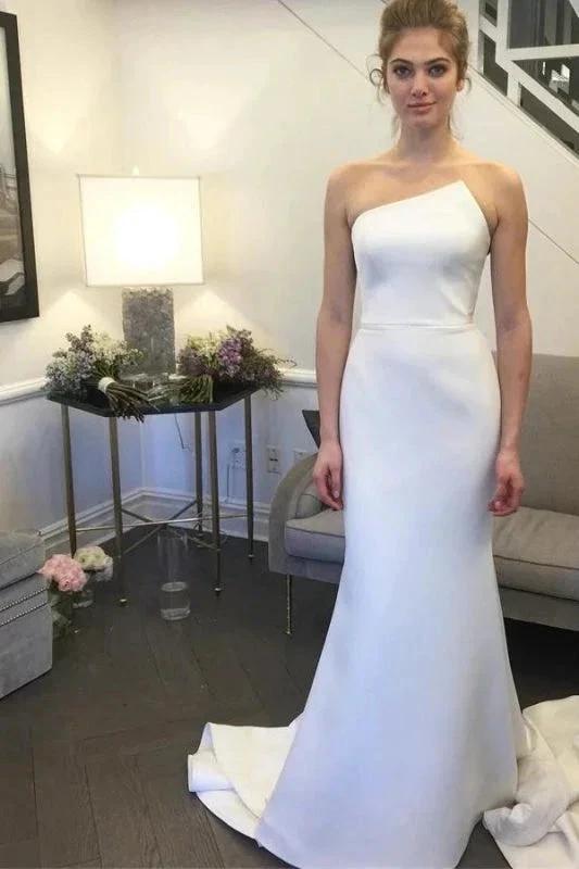Simple Strapless Pretty Mermaid Long Elegant Ivory Sweep Train Elegant Wedding Dresses by misshow.com