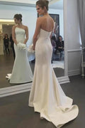 Simple Strapless Pretty Mermaid Long Elegant Ivory Sweep Train Elegant Wedding Dresses by misshow.com