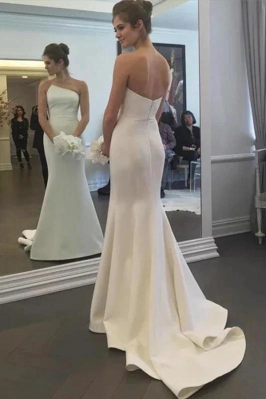 Simple Strapless Pretty Mermaid Long Elegant Ivory Sweep Train Elegant Wedding Dresses by misshow.com