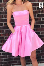 Simple Strapless Short Prom Dress Yellow Homecoming Dress with Pockets PD322 by pgmdress