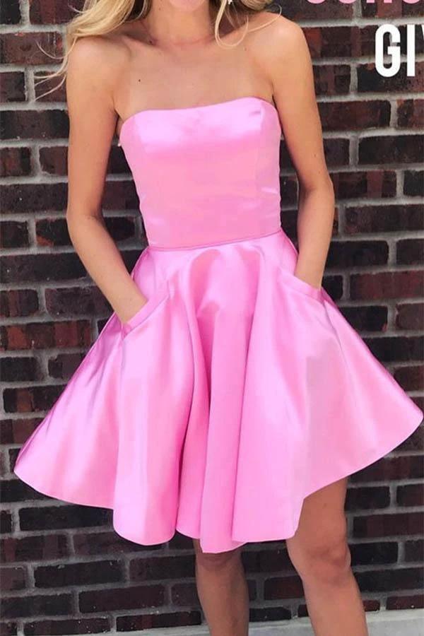 Simple Strapless Short Prom Dress Yellow Homecoming Dress with Pockets PD322 by pgmdress