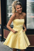 Simple Strapless Short Prom Dress Yellow Homecoming Dress with Pockets PD322 by pgmdress