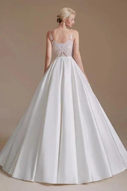 Simple Straps Sleeveless A-Line Floor-Length Satin Wedding Dresses with Ruffles by misshow.com