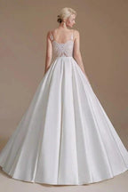Simple Straps Sleeveless A-Line Floor-Length Satin Wedding Dresses with Ruffles by misshow.com
