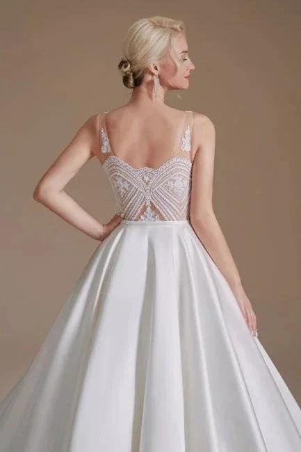 Simple Straps Sleeveless A-Line Floor-Length Satin Wedding Dresses with Ruffles by misshow.com