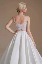 Simple Straps Sleeveless A-Line Floor-Length Satin Wedding Dresses with Ruffles by misshow.com