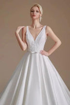 Simple Straps Sleeveless A-Line Floor-Length Satin Wedding Dresses with Ruffles by misshow.com