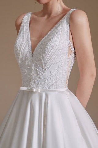 Simple Straps Sleeveless A-Line Floor-Length Satin Wedding Dresses with Ruffles