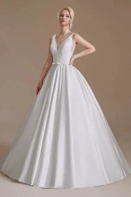 Simple Straps Sleeveless A-Line Floor-Length Satin Wedding Dresses with Ruffles by misshow.com