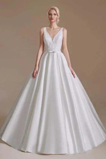 Simple Straps Sleeveless A-Line Floor-Length Satin Wedding Dresses with Ruffles by misshow.com