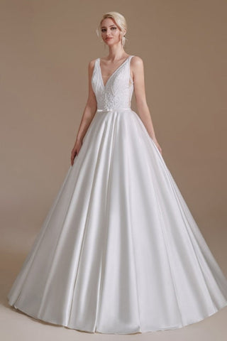 Simple Straps Sleeveless A-Line Floor-Length Satin Wedding Dresses with Ruffles
