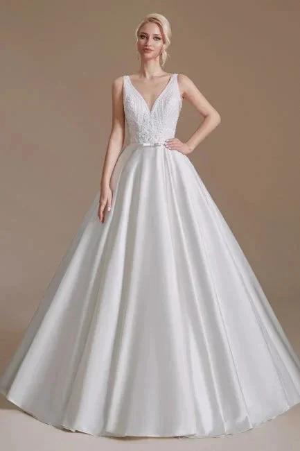 Simple Straps Sleeveless A-Line Floor-Length Satin Wedding Dresses with Ruffles by misshow.com