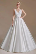 Simple Straps Sleeveless A-Line Floor-Length Satin Wedding Dresses with Ruffles by misshow.com