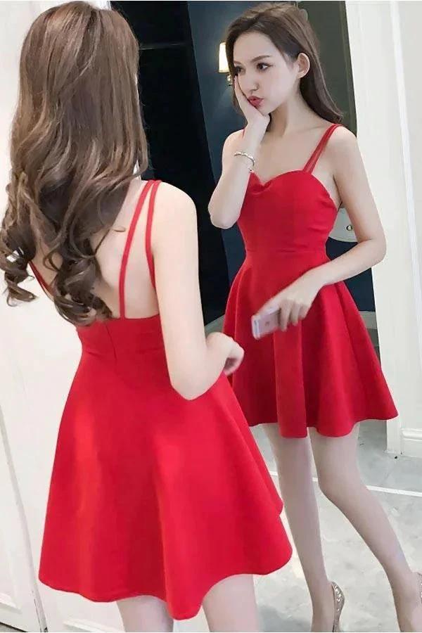 Simple Straps Sweetheart Red Satin Homecoming Dresses Party Dresses PD091 by pgmdress